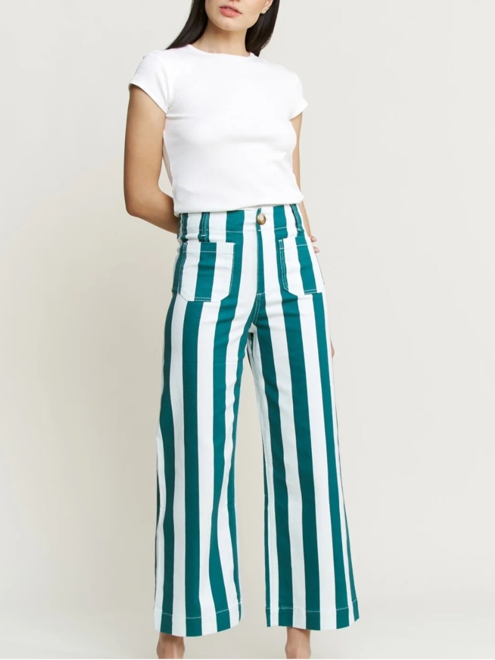 NWT Mica Striped Green & White Cropped Wide-Leg Pants